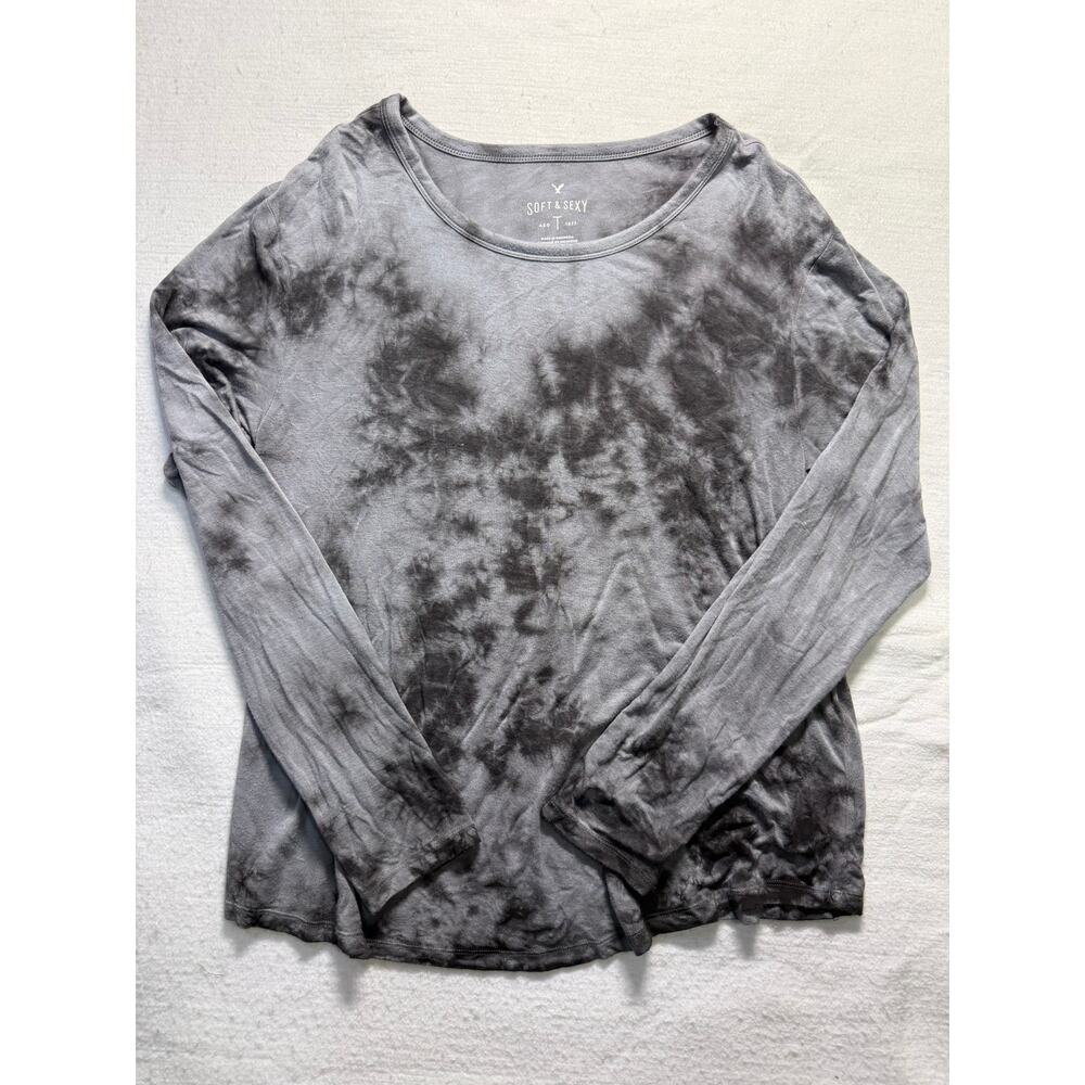 American Eagle Soft & Sexy Charcoal Tie-Dye Long-Sleeve Top (Medium)